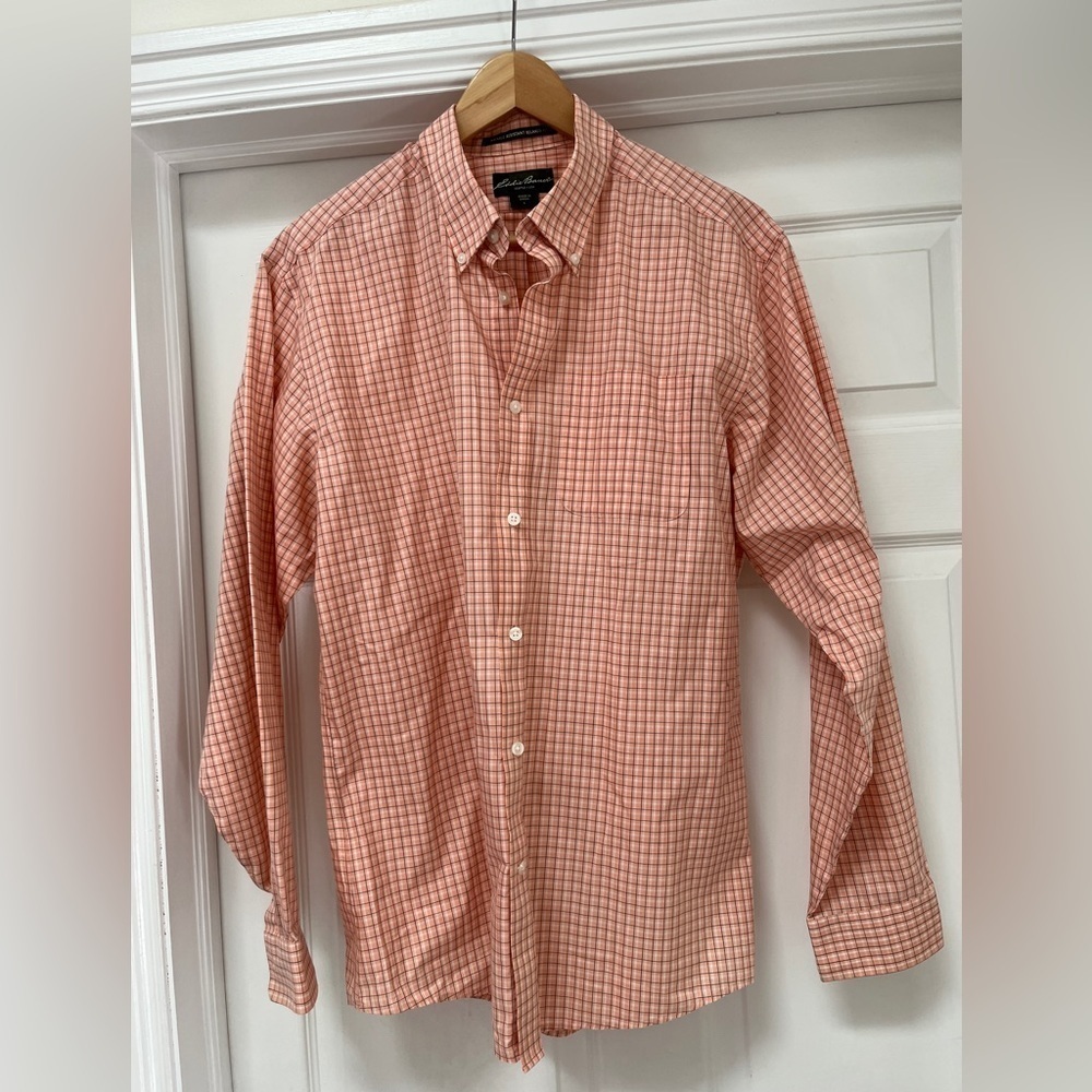Eddie Bauer Mens L Orange grey plaid relaxed Fit Button Down Long Sleeve Shirt